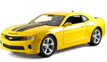Yellow diecast model car with black racing stripes, 1:18 scale, detailed interior