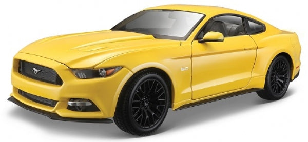 Yellow diecast model car Ford Mustang 5.0 in 1:18 scale with black wheels