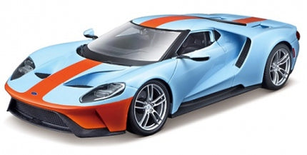 1:18 scale diecast model car in blue and orange with racing stripes, modern sports car design