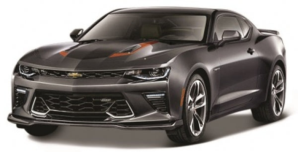 1:18 scale diecast model of a grey sports car with black and orange accents, front view