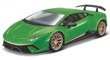 Green diecast Lamborghini model car with gold wheels, rear wing, and detailed exterior