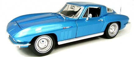 Blue 1:18 scale diecast model classic sports car with chrome accents, side view