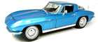 Blue 1:18 scale diecast model classic sports car with chrome accents, side view