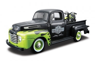 1:24 scale diecast black and green vintage pickup model with motorcycle in truck bed