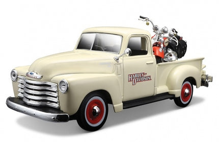 Diecast model vintage cream pickup truck with Harley-Davidson motorcycle in truck bed