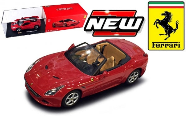 Red Ferrari California 1:18 scale diecast model car with open roof, packaging shown