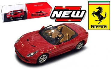 Red Ferrari California diecast model car convertible with box and Ferrari logo