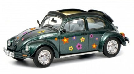 1:18 scale diecast classic Volkswagen Beetle model car with green paint and colorful flower decals