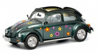 1:18 scale diecast classic Volkswagen Beetle model car with green paint and colorful flower decals