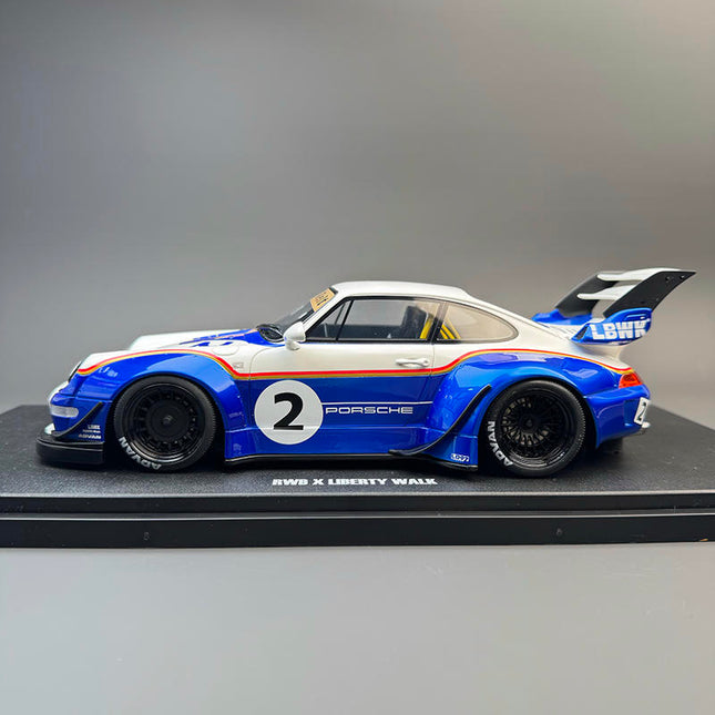 GT Spirit Porsche 911 (993) RWB x Liberty Walk White 1:18 Diecast Model Car - studio product photo of the scale model