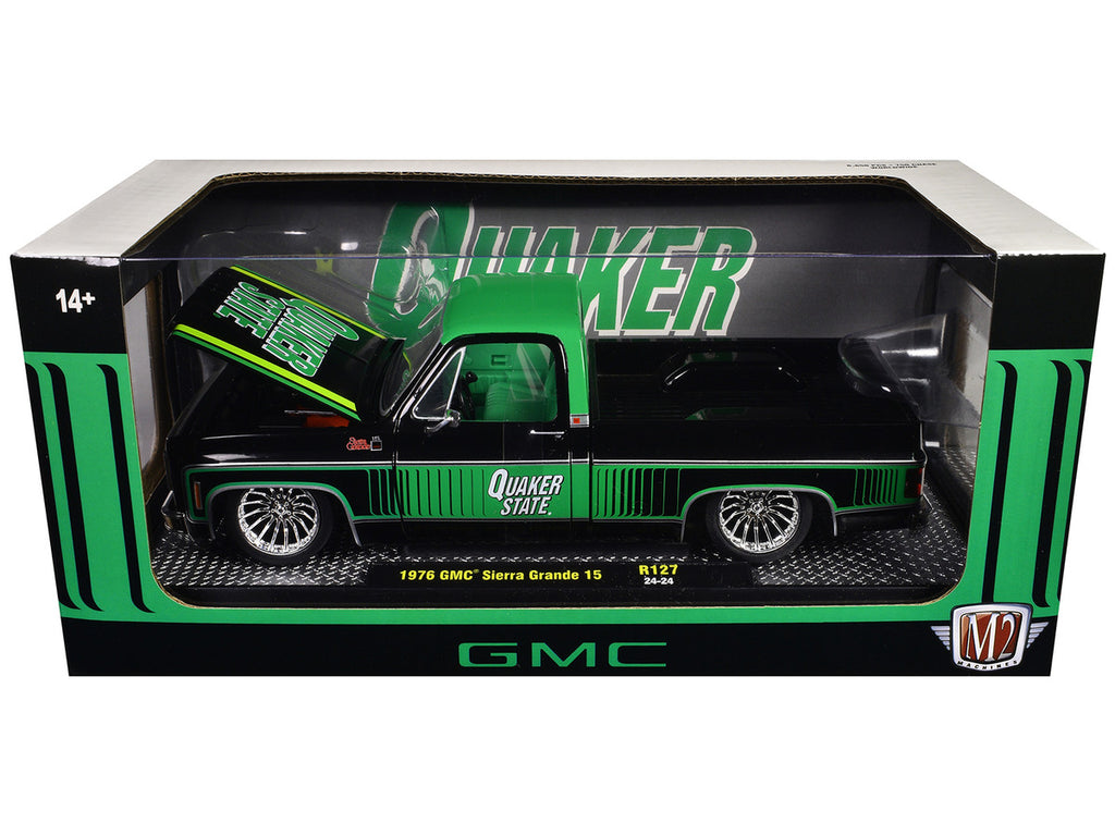 1976 GMC Sierra Grande 15 Pickup Truck "Quaker State" Black with Green Top Graphics and Interior Limited Edition to 6650 pieces Worldwide 1/24 Diecast Model Car by M2 Machines