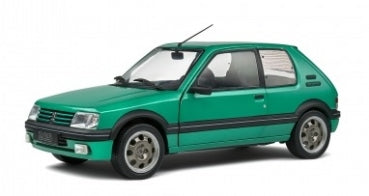 Green diecast model car in 1:18 scale, hatchback design, detailed exterior