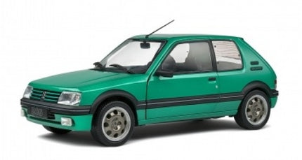 Green 1:18 scale diecast model car, Peugeot 205 GTI, classic hatchback collectible