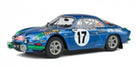 1:18 scale blue diecast rally car model with racing decals and number 17 on the door
