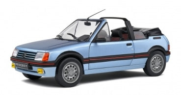 1:18 scale diecast model car, blue Peugeot 205 GTI convertible with detailed features