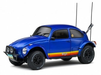 Blue diecast model Baja Beetle car with off-road tires and rainbow side stripes