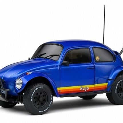Blue diecast model Volkswagen Beetle Baja car, off-road style, 1:18 scale, with yellow and red stripes.