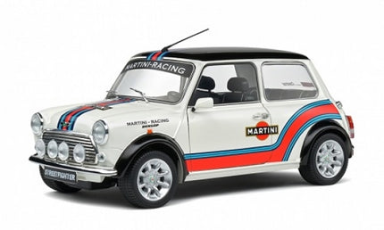1:18 scale diecast model car Mini Cooper with Martini Racing livery, white and blue detailing