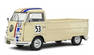 Diecast 1:18 scale classic Volkswagen racing pickup model, cream with racing stripes and number 53.