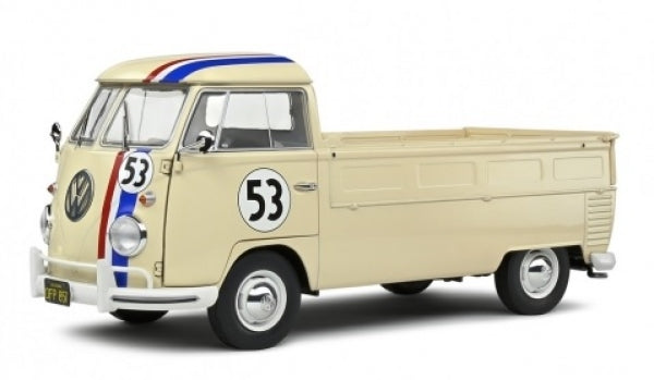 1:18 scale diecast VW pickup model car with racing stripes and number 53, cream color