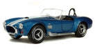 Blue 1:18 scale diecast classic sports car model with white racing stripes, silver rims, and open top.