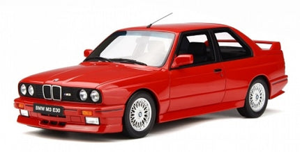 Red BMW M3 E30 diecast model car in 1:18 scale, detailed exterior, on white background