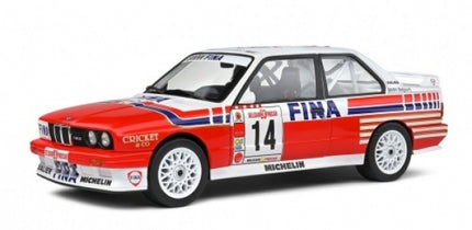 1:18 scale diecast BMW M3 E30 race car model, red, white and blue Fina livery, number 14.