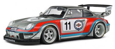 1:18 scale diecast Porsche race car model with detailed livery and rear wing spoiler