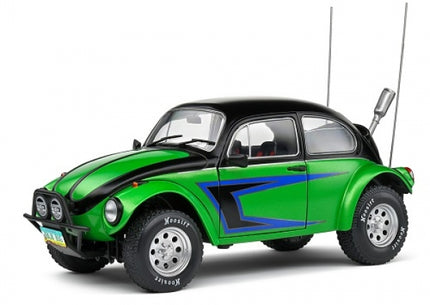 Green and black diecast Volkswagen Beetle model car with blue graphics, off-road tires and antennas