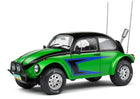 Green and black diecast Volkswagen Beetle model car with blue graphics, off-road tires and antennas