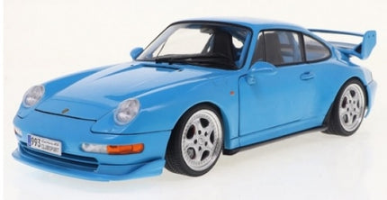 1:18 scale blue Porsche diecast model car with rear spoiler and detailed wheels