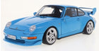 1:18 scale blue Porsche diecast model car with rear spoiler and detailed wheels