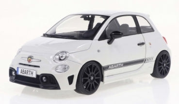 1:18 scale diecast model car, white Abarth 500 with black rims and sporty decals