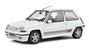 White diecast model car in 1:18 scale with sporty decals and detailed exterior features