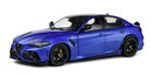 1:18 scale blue diecast model car, sport sedan with black wheels and detailed accents