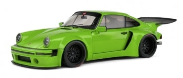 Green diecast Porsche model car in 1:18 scale with black wheels and wide rear spoiler