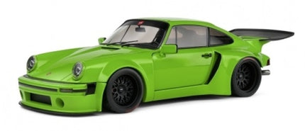 Green Porsche diecast model car 1:18 scale with black wheels and rear spoiler