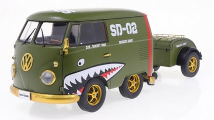 1:18 scale diecast model of a VW van in military green with shark mouth design and trailer