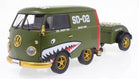 1:18 scale diecast model of a VW van in military green with shark mouth design and trailer