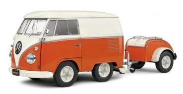 Orange and white diecast model VW van with matching trailer, 1:18 scale collectible