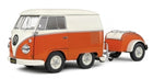 1:18 scale diecast orange and white VW van model with matching trailer