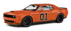 Orange diecast model car with black wheels and number 01, 1:18 scale collectible