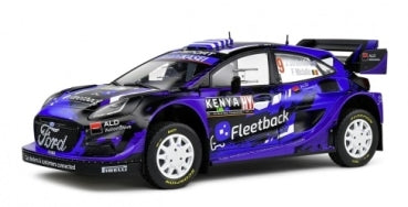 1:18 scale diecast Ford rally car model in blue with racing decals and white wheels