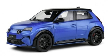 1:18 scale blue diecast model sports hatchback car with black accents, displayed on white background