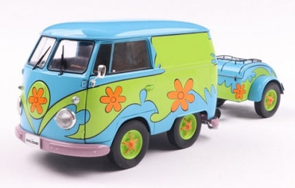 1:18 scale diecast Volkswagen van model with bright blue, green, and orange flower design and attached trailer