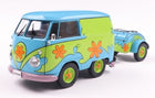 1:18 scale diecast Volkswagen van model with bright blue, green, and orange flower design and attached trailer