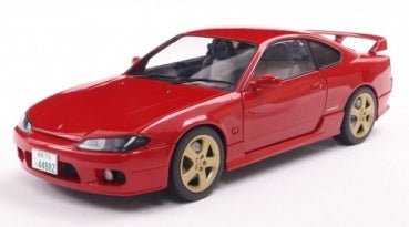 Red diecast model sports car with gold wheels and rear spoiler, 1:18 scale