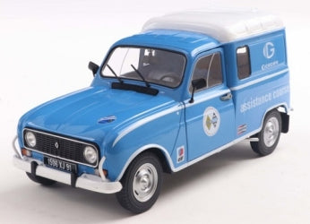 Blue diecast Renault 4 van model with white roof, assistance course livery, 1:18 scale