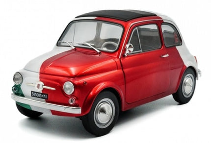 1:18 scale diecast model car of a classic Fiat 500 in Italian flag colors, detailed exterior