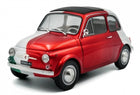 1:18 scale diecast model car of a classic Fiat 500 in Italian flag colors, detailed exterior